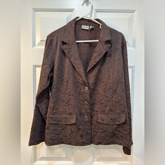 Chico’s Brown Floral Embossed Blazer Textured Top Layer Pockets Preppy Sz M - Picture 1 of 8